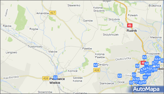 mapa Pawłów gmina Pietrowice Wielkie, Pawłów gmina Pietrowice Wielkie na mapie Targeo