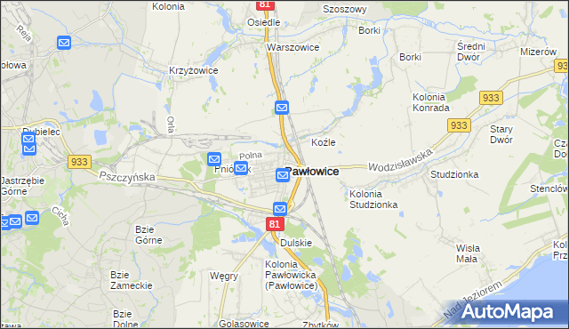 mapa Pawłowice powiat pszczyński, Pawłowice powiat pszczyński na mapie Targeo