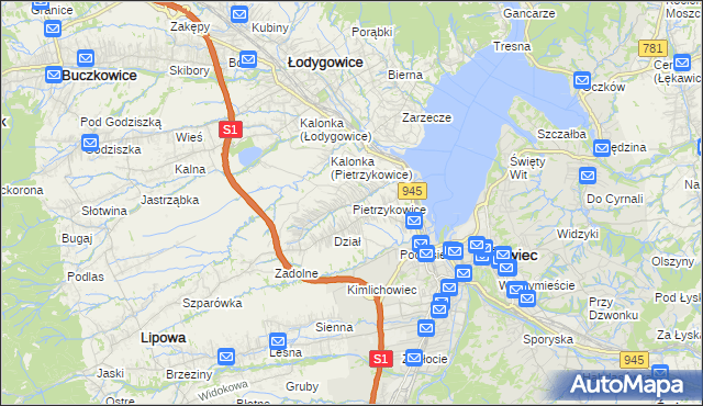 mapa Pietrzykowice gmina Łodygowice, Pietrzykowice gmina Łodygowice na mapie Targeo