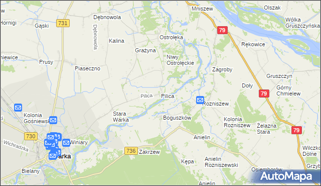 mapa Pilica gmina Warka, Pilica gmina Warka na mapie Targeo