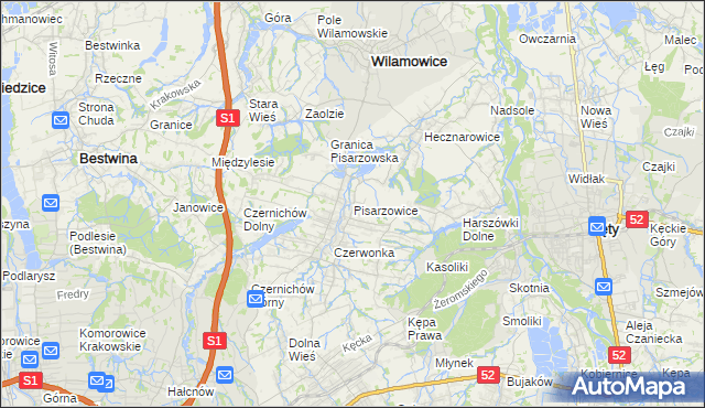 mapa Pisarzowice gmina Wilamowice, Pisarzowice gmina Wilamowice na mapie Targeo