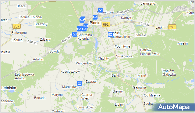 mapa Płachty gmina Pionki, Płachty gmina Pionki na mapie Targeo