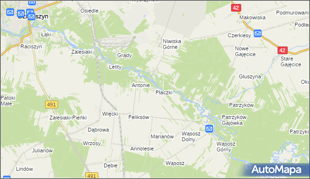 mapa Płaczki gmina Popów, Płaczki gmina Popów na mapie Targeo