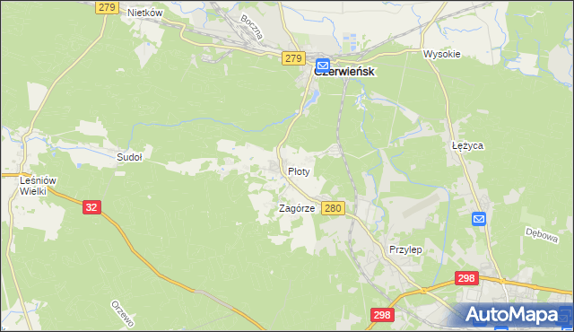 mapa Płoty gmina Czerwieńsk, Płoty gmina Czerwieńsk na mapie Targeo