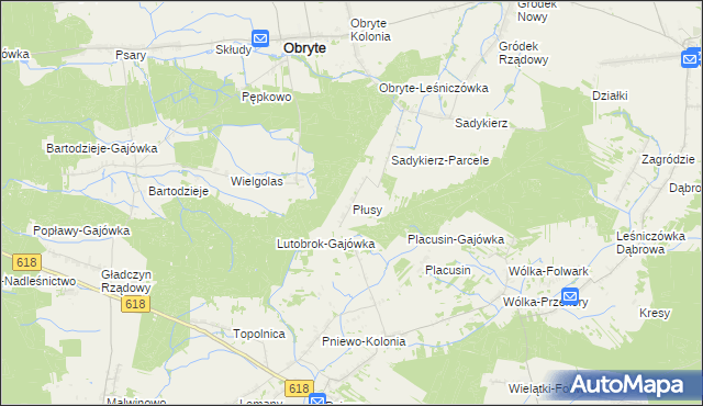 mapa Płusy gmina Obryte, Płusy gmina Obryte na mapie Targeo