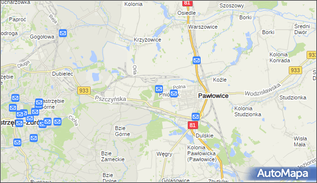 mapa Pniówek gmina Pawłowice, Pniówek gmina Pawłowice na mapie Targeo