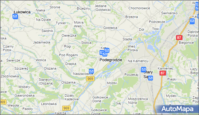 mapa Podegrodzie powiat nowosądecki, Podegrodzie powiat nowosądecki na mapie Targeo