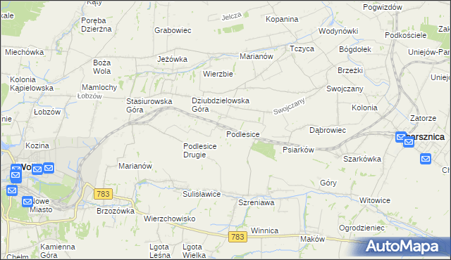 mapa Podlesice gmina Charsznica, Podlesice gmina Charsznica na mapie Targeo