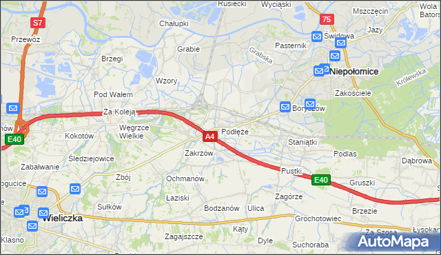 mapa Podłęże gmina Niepołomice, Podłęże gmina Niepołomice na mapie Targeo