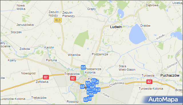 mapa Podzamcze gmina Łęczna, Podzamcze gmina Łęczna na mapie Targeo
