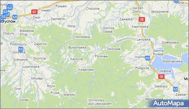 mapa Ponikiew gmina Wadowice, Ponikiew gmina Wadowice na mapie Targeo