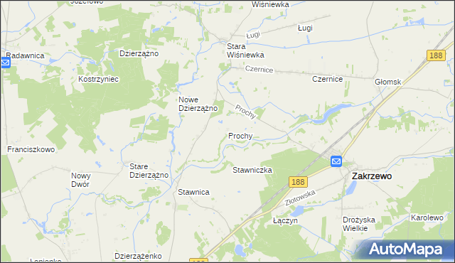 mapa Prochy gmina Zakrzewo, Prochy gmina Zakrzewo na mapie Targeo