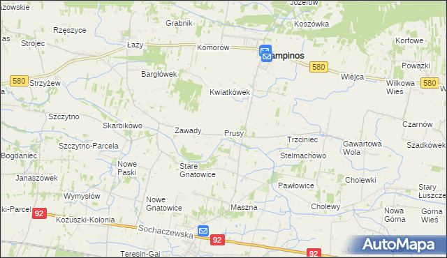 mapa Prusy gmina Kampinos, Prusy gmina Kampinos na mapie Targeo