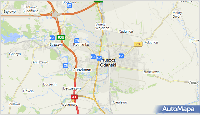 mapa Pruszcz Gdański, Pruszcz Gdański na mapie Targeo