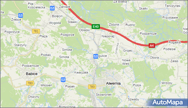mapa Regulice gmina Alwernia, Regulice gmina Alwernia na mapie Targeo