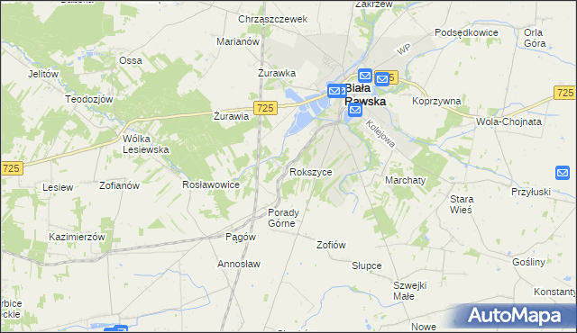 mapa Rokszyce gmina Biała Rawska, Rokszyce gmina Biała Rawska na mapie Targeo