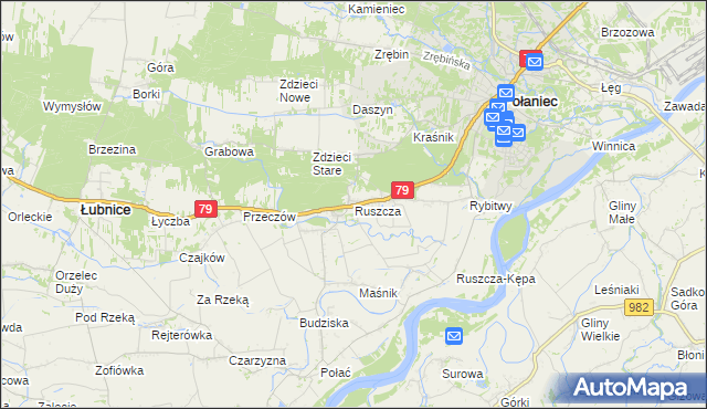 mapa Ruszcza gmina Połaniec, Ruszcza gmina Połaniec na mapie Targeo