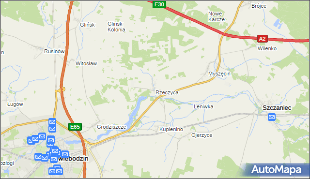 mapa Rzeczyca gmina Świebodzin, Rzeczyca gmina Świebodzin na mapie Targeo