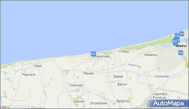 mapa Sarbinowo gmina Mielno, Sarbinowo gmina Mielno na mapie Targeo