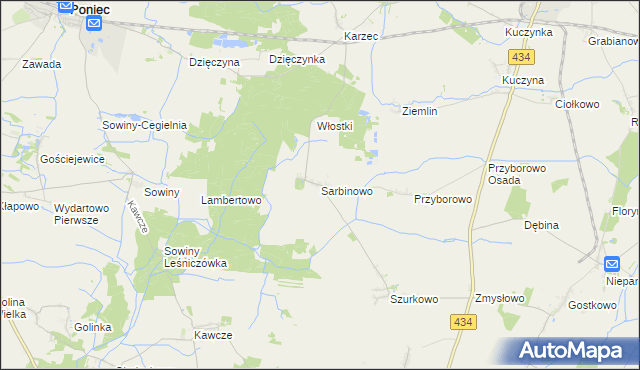 mapa Sarbinowo gmina Poniec, Sarbinowo gmina Poniec na mapie Targeo