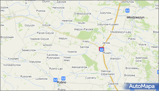 mapa Sarnów gmina Rybno, Sarnów gmina Rybno na mapie Targeo