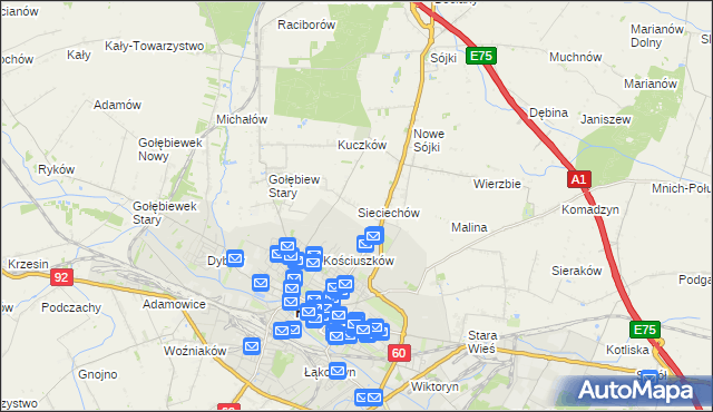 mapa Sieciechów gmina Kutno, Sieciechów gmina Kutno na mapie Targeo