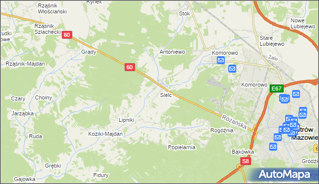 mapa Sielc gmina Ostrów Mazowiecka, Sielc gmina Ostrów Mazowiecka na mapie Targeo