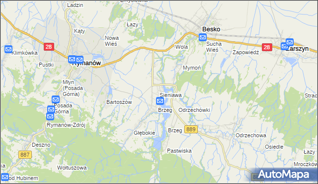 mapa Sieniawa gmina Rymanów, Sieniawa gmina Rymanów na mapie Targeo