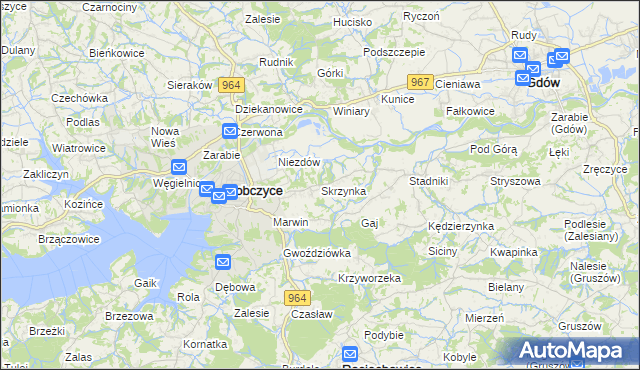 mapa Skrzynka gmina Dobczyce, Skrzynka gmina Dobczyce na mapie Targeo