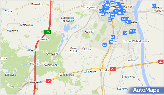 mapa Śliwiny gmina Tczew, Śliwiny gmina Tczew na mapie Targeo