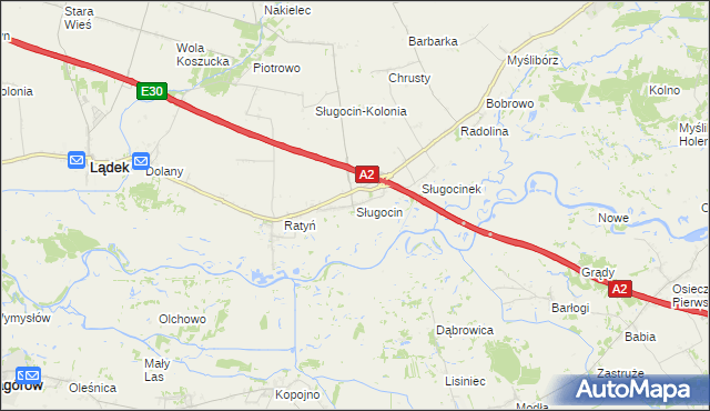 mapa Sługocin gmina Lądek, Sługocin gmina Lądek na mapie Targeo