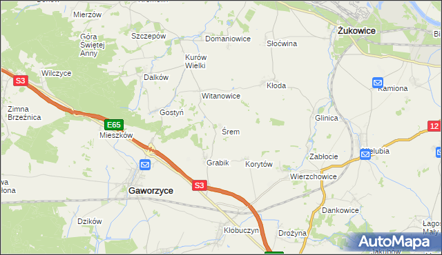 mapa Śrem gmina Gaworzyce, Śrem gmina Gaworzyce na mapie Targeo