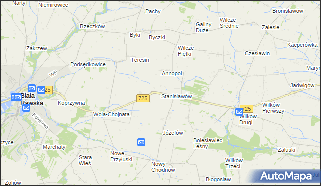 mapa Stanisławów gmina Biała Rawska, Stanisławów gmina Biała Rawska na mapie Targeo