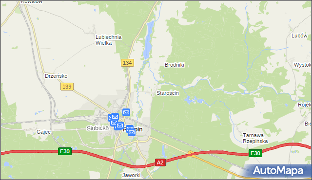 mapa Starościn gmina Rzepin, Starościn gmina Rzepin na mapie Targeo