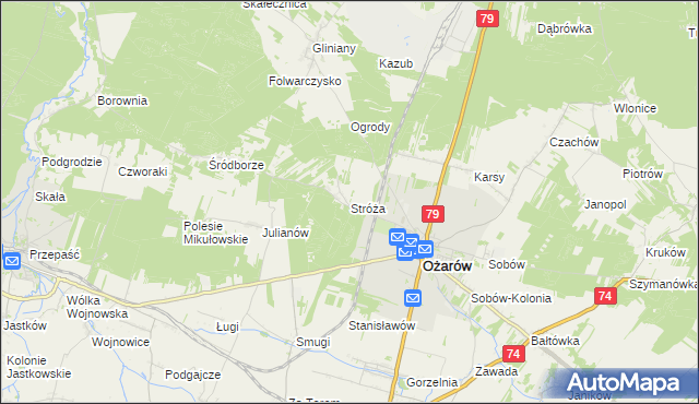 mapa Stróża gmina Ożarów, Stróża gmina Ożarów na mapie Targeo