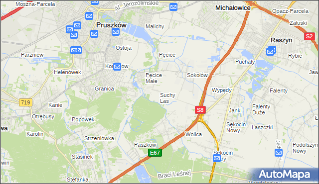 mapa Suchy Las gmina Michałowice, Suchy Las gmina Michałowice na mapie Targeo
