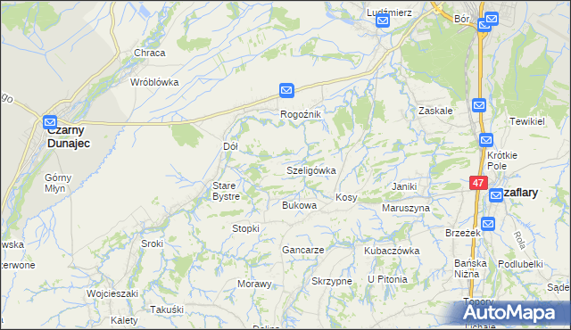 mapa Szeligówka gmina Czarny Dunajec, Szeligówka gmina Czarny Dunajec na mapie Targeo