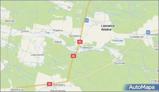 mapa Trzebiszyn gmina Lasowice Wielkie, Trzebiszyn gmina Lasowice Wielkie na mapie Targeo