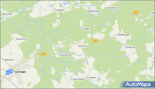 mapa Warnino gmina Tychowo, Warnino gmina Tychowo na mapie Targeo