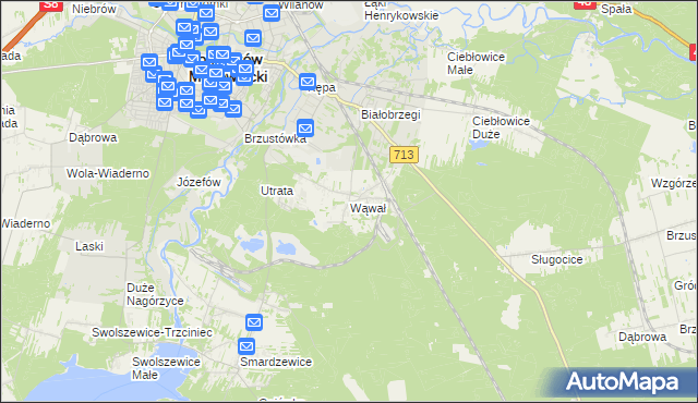 mapa Wąwał gmina Tomaszów Mazowiecki, Wąwał gmina Tomaszów Mazowiecki na mapie Targeo