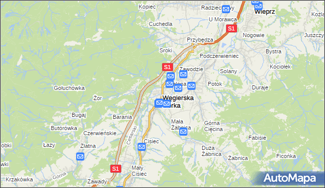 mapa Węgierska Górka, Węgierska Górka na mapie Targeo