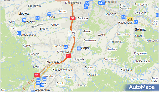 mapa Wieprz gmina Radziechowy-Wieprz, Wieprz gmina Radziechowy-Wieprz na mapie Targeo