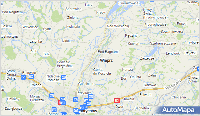 mapa Wieprz powiat wadowicki, Wieprz powiat wadowicki na mapie Targeo