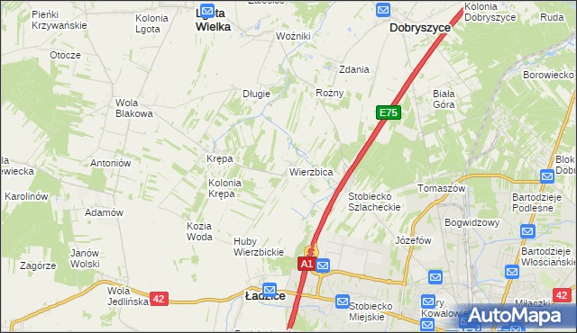 mapa Wierzbica gmina Ładzice, Wierzbica gmina Ładzice na mapie Targeo