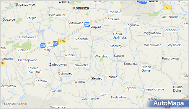 mapa Wierzbno gmina Koniusza, Wierzbno gmina Koniusza na mapie Targeo