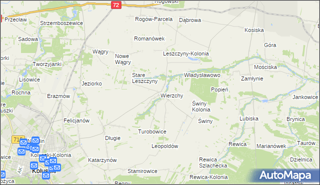 mapa Wierzchy gmina Koluszki, Wierzchy gmina Koluszki na mapie Targeo