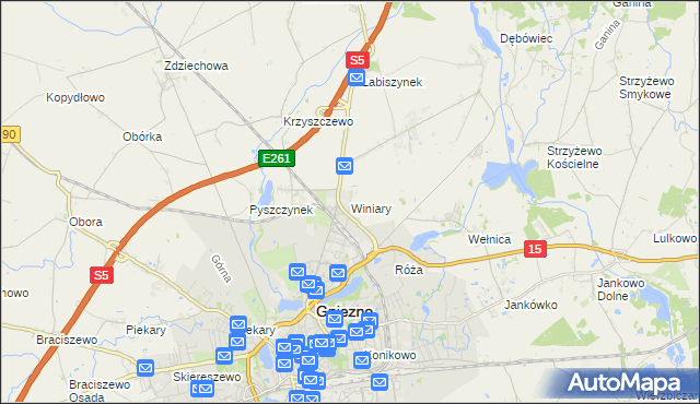 mapa Winiary gmina Gniezno, Winiary gmina Gniezno na mapie Targeo