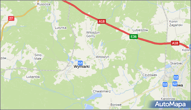 mapa Witoszyn gmina Wymiarki, Witoszyn gmina Wymiarki na mapie Targeo