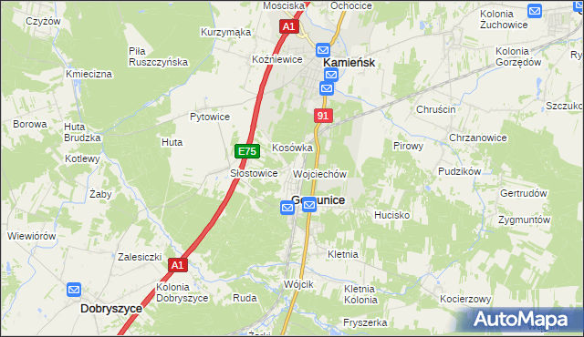 mapa Wojciechów gmina Gomunice, Wojciechów gmina Gomunice na mapie Targeo