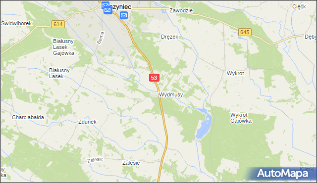 mapa Wydmusy, Wydmusy na mapie Targeo